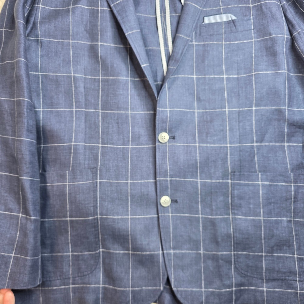 Cremieux Mens XXL Blue Windowpane 100% Linen Blazer Elbow Patches Sport Coat - Picture 4 of 13